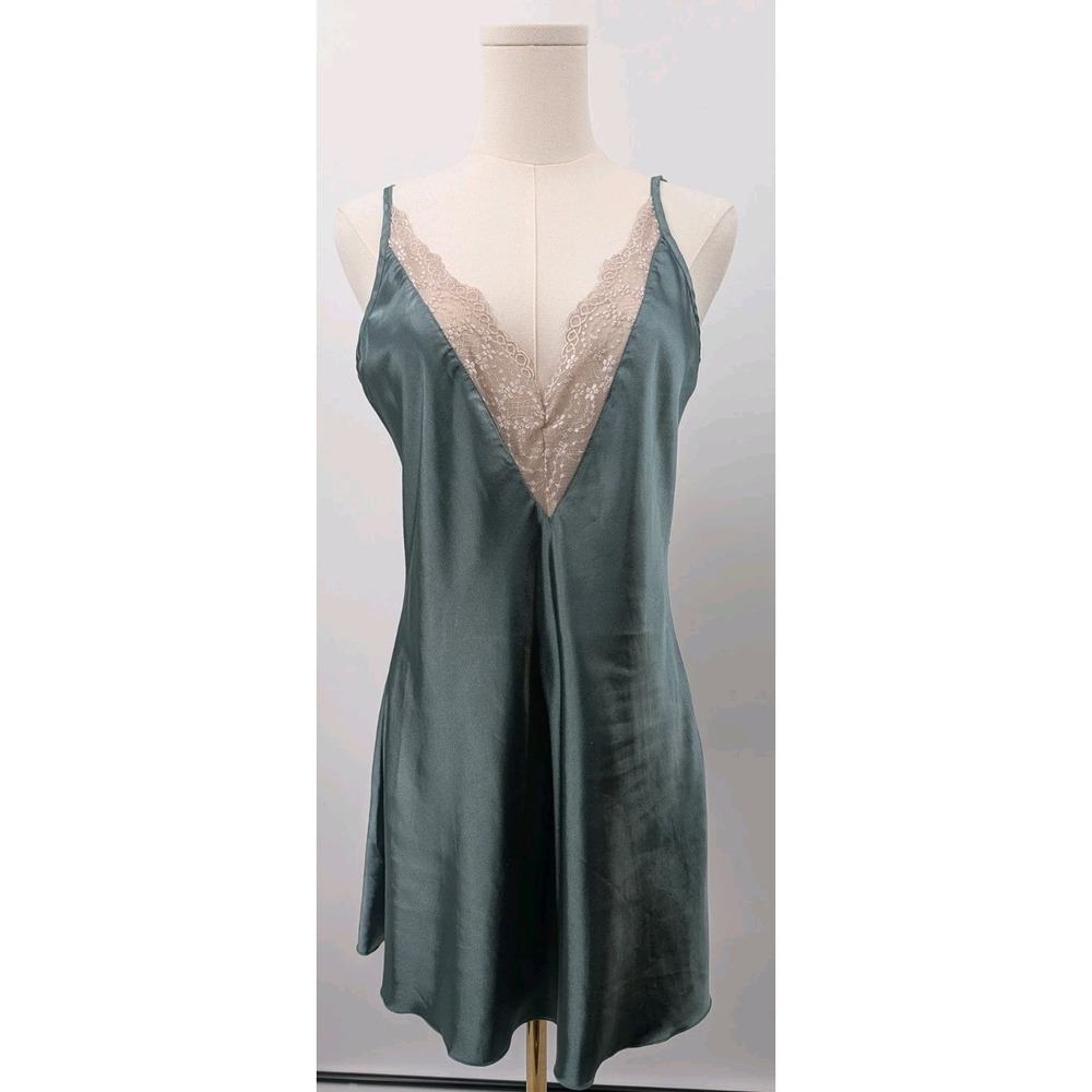 Green Satin & Cream Lace Mini Dress Size M Deep V Neck Slip Sleepwear Romantic
